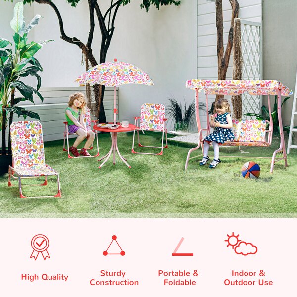 Outsunny Kids Folding Picnic Table and Chairs Set Color Stripes Outdoor w/ Parasol Aosom UK