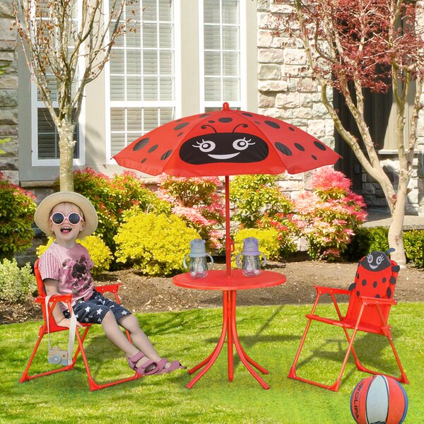 Outsunny Kids Folding Picnic Table and Chairs Set Ladybug Pattern Outdoor w/ Parasol Aosom UK