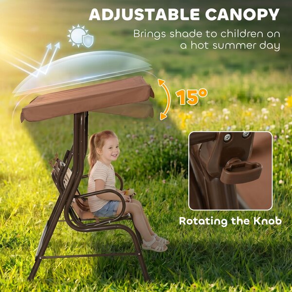Outsunny 2-Seat Kids Canopy Swing, Children Outdoor Patio Lounge Chair, for Garden Porch, with Adjustable Awning, Seat Belt, Monkey Pattern, Coffee