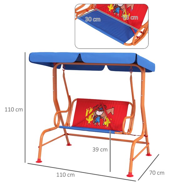 Outsunny Two Seater Kids Garden Swing, Cowboy Themed kids Swing Chair with Adjustable Canopy, Safety Belts for Outdoor Use