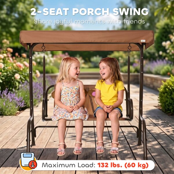 Outsunny 2-Seat Kids Canopy Swing, Children Outdoor Patio Lounge Chair, for Garden Porch, with Adjustable Awning, Seat Belt, Monkey Pattern, Coffee