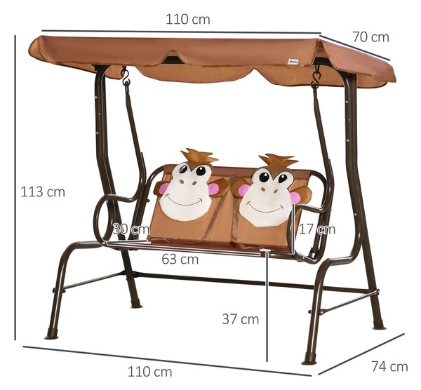 Outsunny 2-Seat Kids Canopy Swing, Children Outdoor Patio Lounge Chair, for Garden Porch, with Adjustable Awning, Seat Belt, Monkey Pattern, Coffee