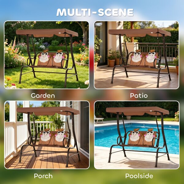 Outsunny 2-Seat Kids Canopy Swing, Children Outdoor Patio Lounge Chair, for Garden Porch, with Adjustable Awning, Seat Belt, Monkey Pattern, Coffee