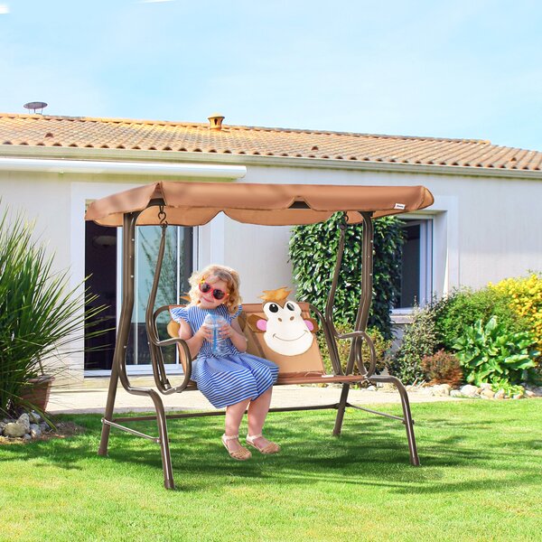 Outsunny 2-Seat Kids Canopy Swing, Children Outdoor Patio Lounge Chair, for Garden Porch, with Adjustable Awning, Seat Belt, Monkey Pattern, Coffee