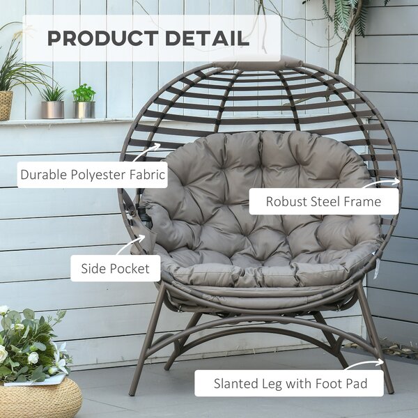 Outsunny 2 Seater Egg Chair with Soft Cushion, Steel Frame and Side Pocket, Garden Patio Basket Chair for Indoor, Outdoor, Brown Aosom UK