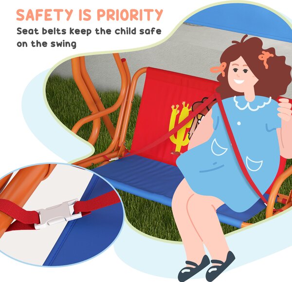 Outsunny Two Seater Kids Garden Swing, Cowboy Themed kids Swing Chair with Adjustable Canopy, Safety Belts for Outdoor Use