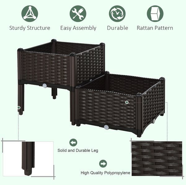 Outsunny Set of 2 Garden Raised Bed Elevated Patio Flower Plant Planter Box PP Vegetables Planting Container, Brown Aosom UK