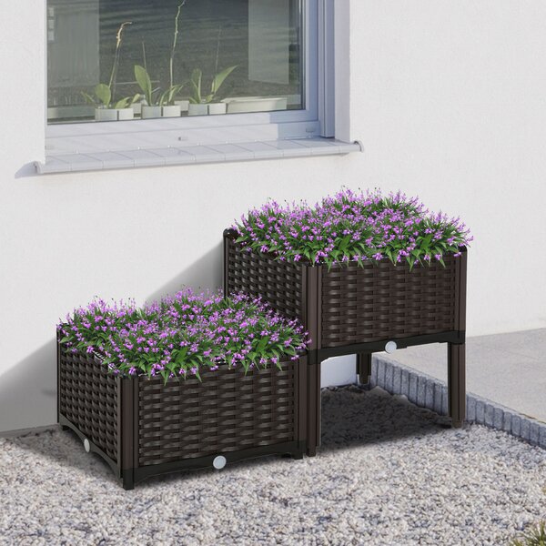 Outsunny Set of 2 Garden Raised Bed Elevated Patio Flower Plant Planter Box PP Vegetables Planting Container, Brown Aosom UK