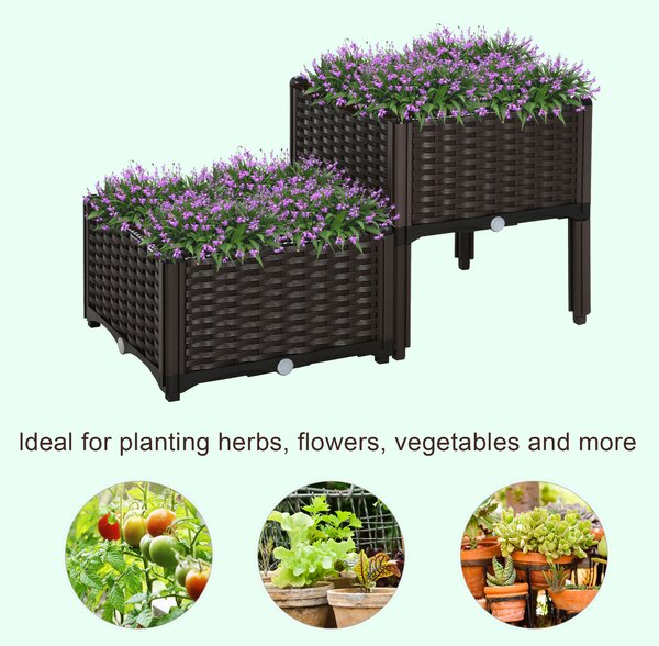 Outsunny Set of 2 Garden Raised Bed Elevated Patio Flower Plant Planter Box PP Vegetables Planting Container, Brown Aosom UK
