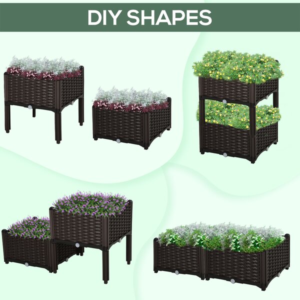 Outsunny Set of 2 Garden Raised Bed Elevated Patio Flower Plant Planter Box PP Vegetables Planting Container, Brown Aosom UK