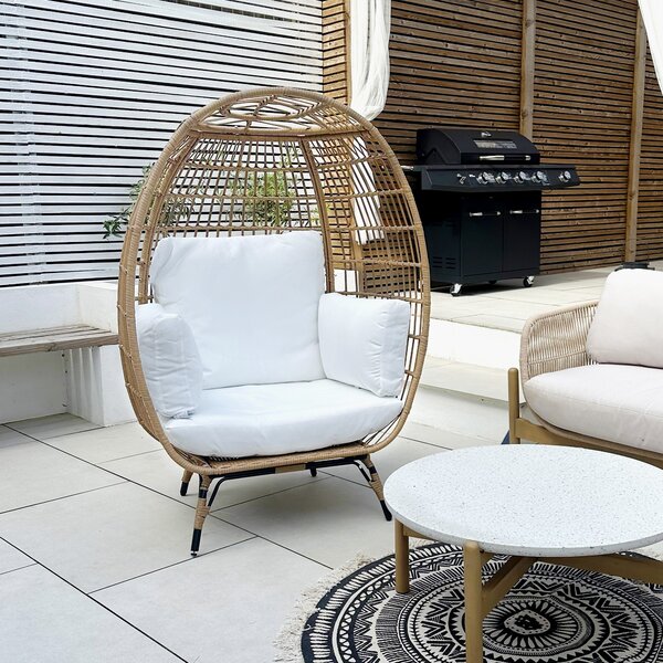 Outsunny PE Rattan Outdoor Egg Chair, Round Wicker Weave Teardrop Chair with Thick Padded Cushions for Sunroom, Garden, Khaki