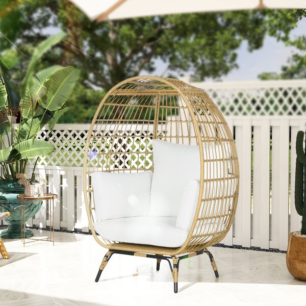 Outsunny PE Rattan Outdoor Egg Chair, Round Wicker Weave Teardrop Chair with Thick Padded Cushions for Sunroom, Garden, Khaki