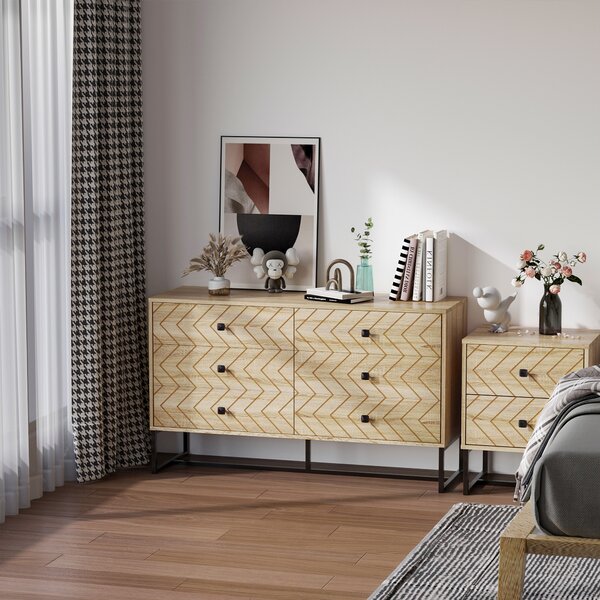 HOMCOM 6 Drawer Chest Sideboard Cabinet Storage Unit Hallway Bedroom Livingroom Zig Zag Design w/ Black Metal Handles Anti Tip 71x120cm Aosom UK