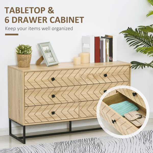 HOMCOM 6 Drawer Chest Sideboard Cabinet Storage Unit Hallway Bedroom Livingroom Zig Zag Design w/ Black Metal Handles Anti Tip 71x120cm Aosom UK