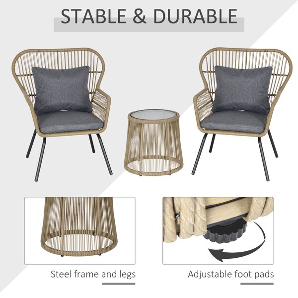 Outsunny 3 Piece PE Rattan Bristo Set with Cushions, Wing-Shaped Chairs & Adjustable Foot Pads, Brown Aosom UK