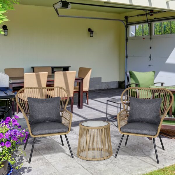 Outsunny 3 Piece PE Rattan Bristo Set with Cushions, Wing-Shaped Chairs & Adjustable Foot Pads, Brown Aosom UK