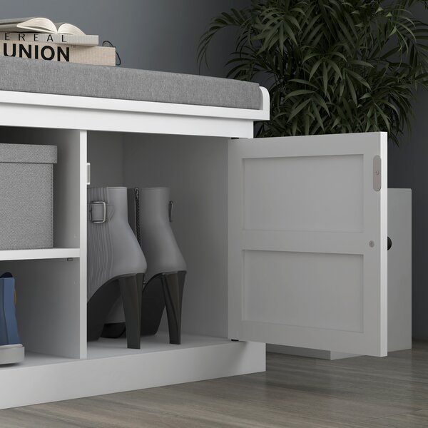 HOMCOM Shoe Bench w/ Seat, Shoe Storage Bench w/ Cushion, 2 Cabinets & Adjustable Shelf for Entryway, Hallway, Living Room, Bedroom, White Aosom UK