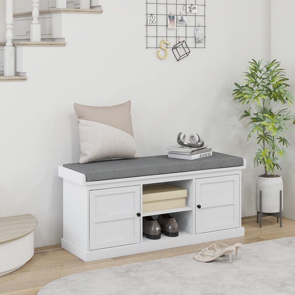 HOMCOM Shoe Bench w/ Seat, Shoe Storage Bench w/ Cushion, 2 Cabinets & Adjustable Shelf for Entryway, Hallway, Living Room, Bedroom, White Aosom UK