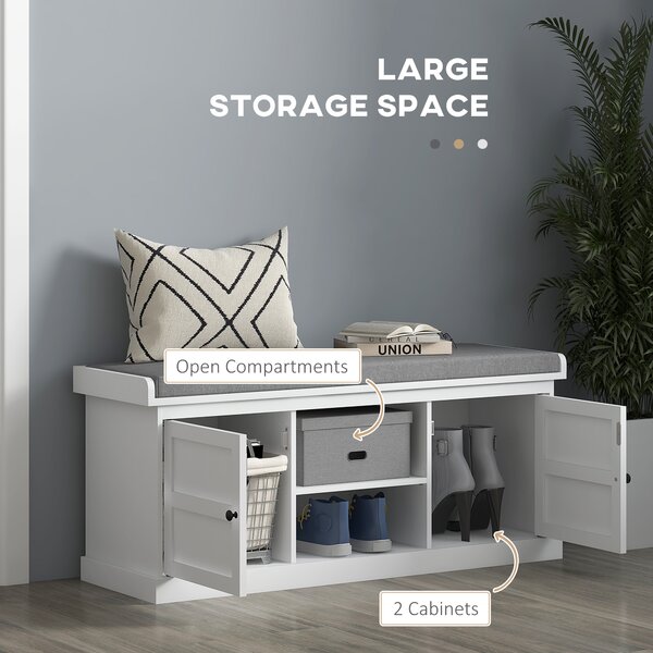 HOMCOM Shoe Bench w/ Seat, Shoe Storage Bench w/ Cushion, 2 Cabinets & Adjustable Shelf for Entryway, Hallway, Living Room, Bedroom, White Aosom UK