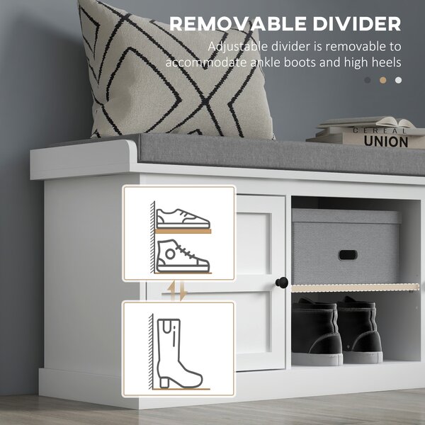 HOMCOM Shoe Bench w/ Seat, Shoe Storage Bench w/ Cushion, 2 Cabinets & Adjustable Shelf for Entryway, Hallway, Living Room, Bedroom, White Aosom UK
