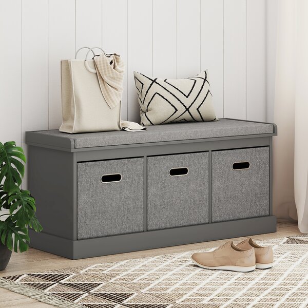 HOMCOM Shoe Bench with Seat, Shoe Storage Bench with Cushion and 3 Fabric Drawers for Entryway, Hallway, Living Room, Bedroom, Grey Aosom UK