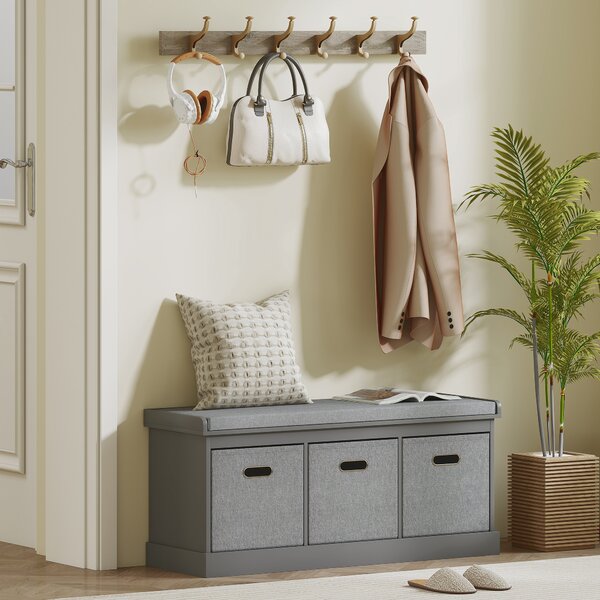 HOMCOM Shoe Bench with Seat, Shoe Storage Bench with Cushion and 3 Fabric Drawers for Entryway, Hallway, Living Room, Bedroom, Grey Aosom UK