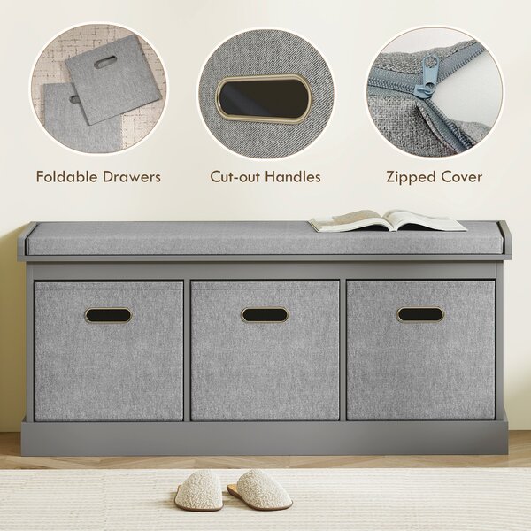 HOMCOM Shoe Bench with Seat, Shoe Storage Bench with Cushion and 3 Fabric Drawers for Entryway, Hallway, Living Room, Bedroom, Grey Aosom UK