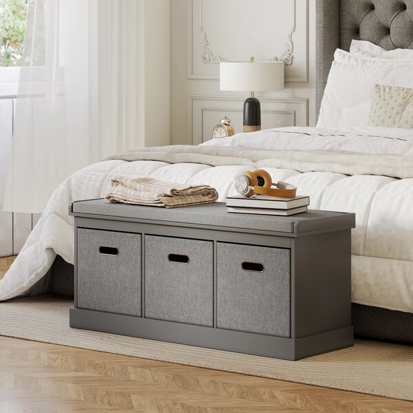 HOMCOM Shoe Bench with Seat, Shoe Storage Bench with Cushion and 3 Fabric Drawers for Entryway, Hallway, Living Room, Bedroom, Grey Aosom UK