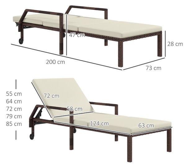 Outsunny Outdoor PE Rattan Sun Lounger Set of 2, Wicker Chaise Recliner Garden Chair with 5-Level Adjustable Backrest and 2 Wheels, Cream White