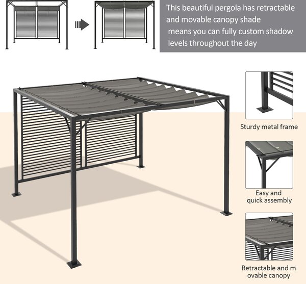Outsunny 3x2.8m Metal Garden Pergola with UV-Resistant Retractable Fabric Roof, Modern Outdoor Patio Sun Shade Shelter, Grey Aosom UK
