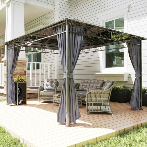 Outsunny 3.6 x 3(m) Hardtop Gazebo with UV Resistant Polycarbonate Roof, Steel & Aluminum Frame, Garden Pavilion with Curtains, Grey Aosom UK