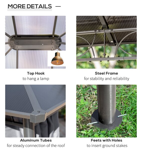Outsunny 3.6 x 3(m) Hardtop Gazebo with UV Resistant Polycarbonate Roof, Steel & Aluminum Frame, Garden Pavilion with Curtains, Grey Aosom UK