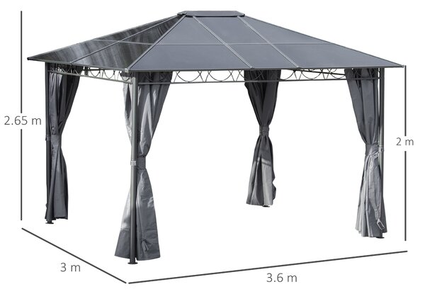 Outsunny 3.6 x 3(m) Hardtop Gazebo with UV Resistant Polycarbonate Roof, Steel & Aluminum Frame, Garden Pavilion with Curtains, Grey Aosom UK
