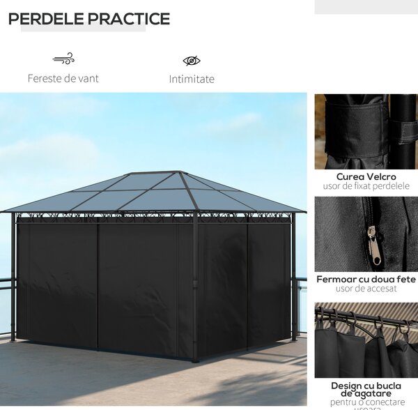 Outsunny Hardtop Gazebo Garden Pavilion with UV Resistant Polycarbonate Roof, Curtains, Steel & Aluminium Frame, 3 x 4m, Grey
