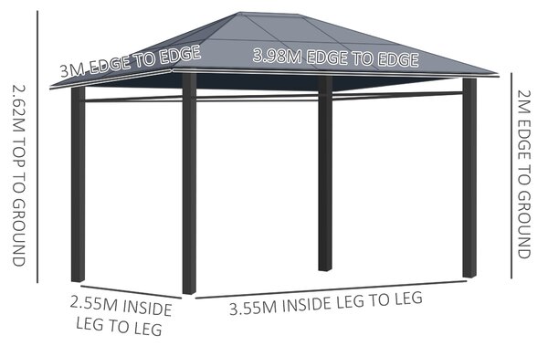 Outsunny Hardtop Gazebo Garden Pavilion with UV Resistant Polycarbonate Roof, Curtains, Steel & Aluminium Frame, 3 x 4m, Grey