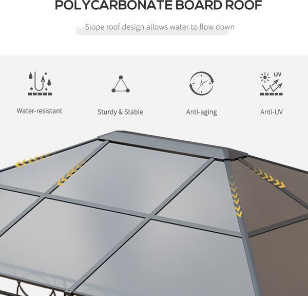 Outsunny Hardtop Gazebo Garden Pavilion with UV Resistant Polycarbonate Roof, Curtains, Steel & Aluminium Frame, 3 x 4m, Grey
