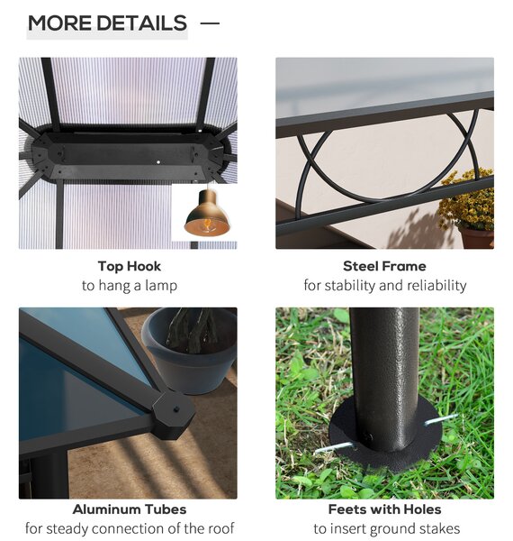 Outsunny Hardtop Gazebo Garden Pavilion with UV Resistant Polycarbonate Roof, Curtains, Steel & Aluminium Frame, 3 x 4m, Grey