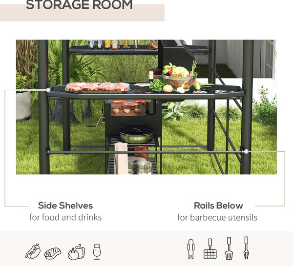 Outsunny 2.4 x 1.5m Outdoor Grill Gazebo with Side Shelves, PC Board Roof, Dark Grey