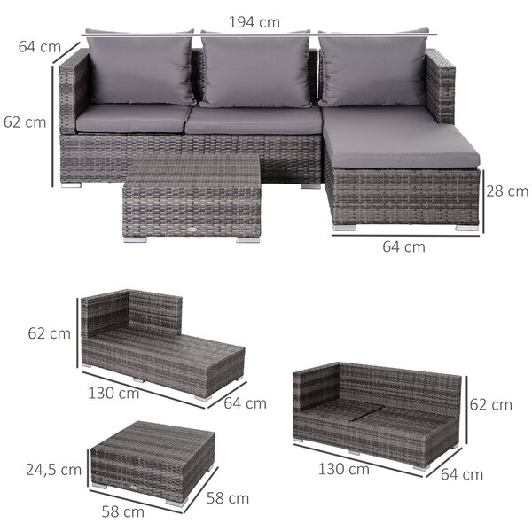 Outsunny 4-Seater Outdoor Garden PE Rattan Furniture Set Grey Aosom UK