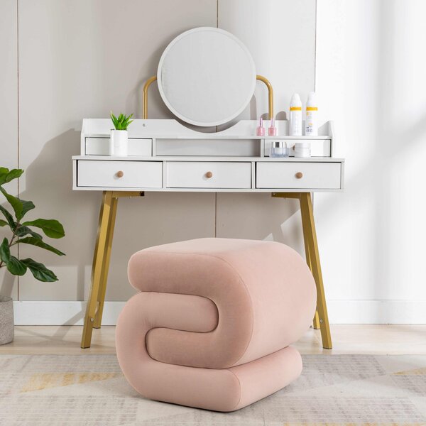 Velvet Ottoman Storage Pouffe Under Desk, S-Shape Wavy Foot Stool, Upholstered Extra Seating, No Assembly Required, 50×46×46 cm, Pink Aosom UK