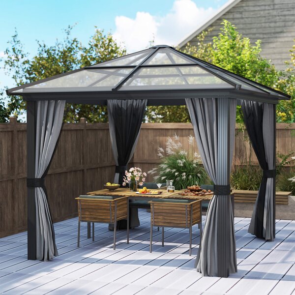 Outsunny 3 x 3(m) Hardtop Gazebo with UV Resistant Polycarbonate Roof & Aluminium Frame, Garden Pavilion with Mosquito Netting and Curtains