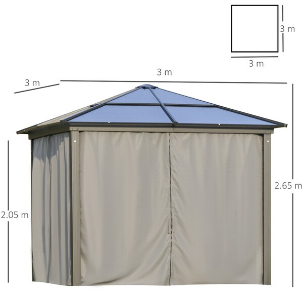Outsunny 3 x 3(m) Hardtop Gazebo with UV Resistant Polycarbonate Roof & Aluminium Frame, Garden Pavilion with Mosquito Netting and Curtains
