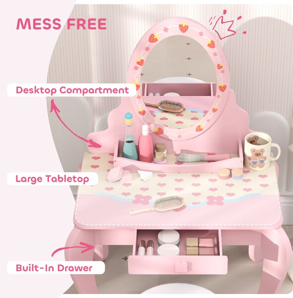 AIYAPLAY Kids Dressing Table Set, Vanity Table with Stool, Mirror, Drawer, Desktop Storage, Strawberry Theme, Pink