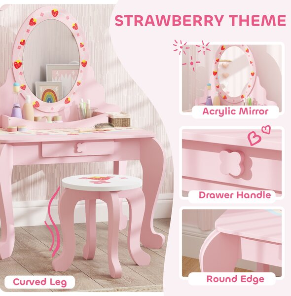 AIYAPLAY Kids Dressing Table Set, Vanity Table with Stool, Mirror, Drawer, Desktop Storage, Strawberry Theme, Pink