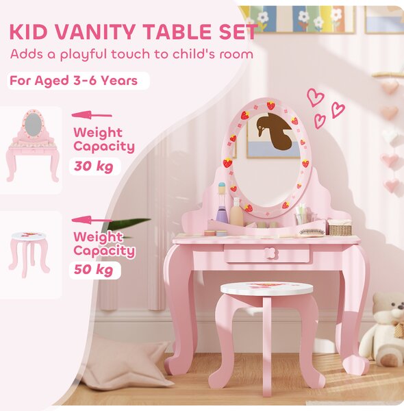 AIYAPLAY Kids Dressing Table Set, Vanity Table with Stool, Mirror, Drawer, Desktop Storage, Strawberry Theme, Pink