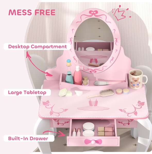 AIYAPLAY Kids Dressing Table Set, Vanity Table with Stool, Mirror, Drawer, Desktop Storage, Ballet Theme, Pink