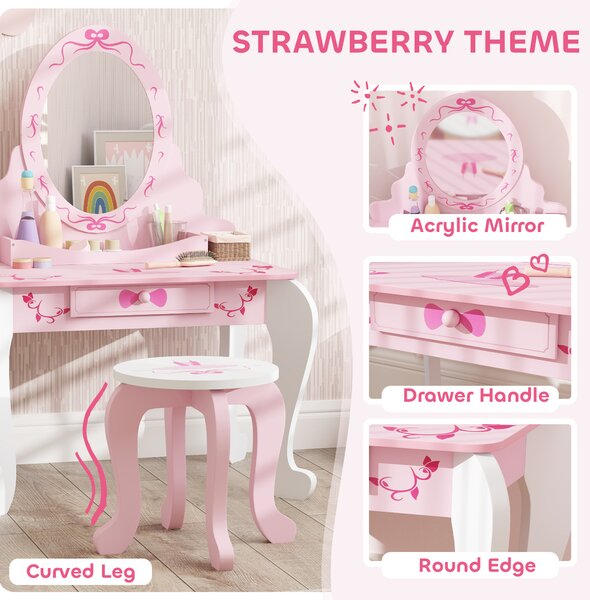 AIYAPLAY Kids Dressing Table Set, Vanity Table with Stool, Mirror, Drawer, Desktop Storage, Ballet Theme, Pink