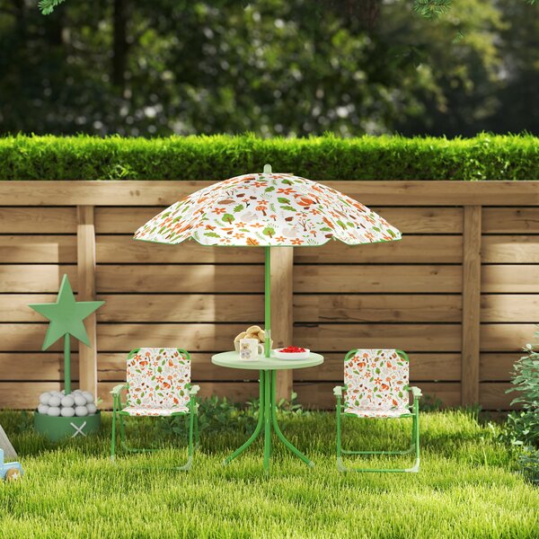 AIYAPLAY 4 Pieces Kids Garden Table and Chair Set with Adjustable Parasol, Folding Chairs, Table, Fox Pattern, Green