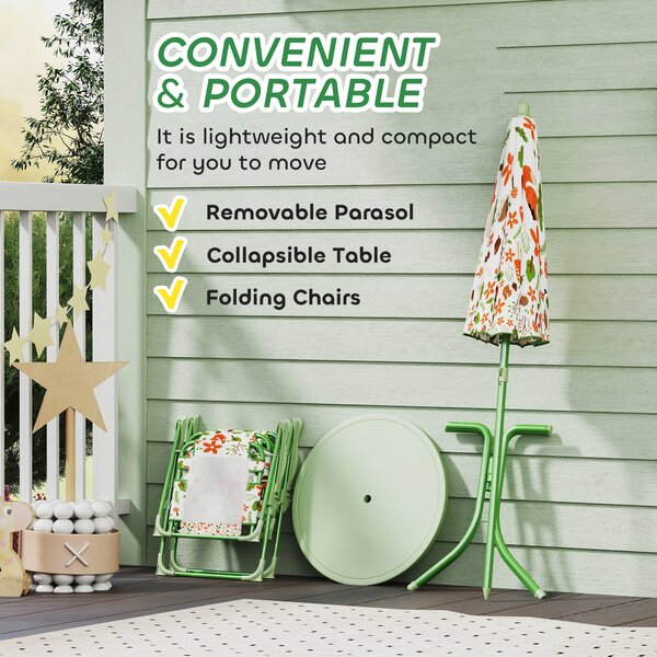 AIYAPLAY 4 Pieces Kids Garden Table and Chair Set with Adjustable Parasol, Folding Chairs, Table, Fox Pattern, Green