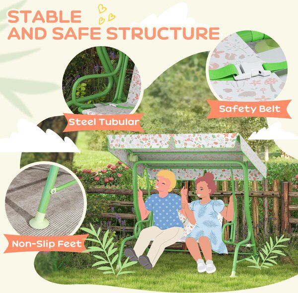 AIYAPLAY Kids Garden Swing Chair with Adjustable Canopy, Safety Belt, 2 Seater Hammock Swing Bench for Patio, Porch, Green